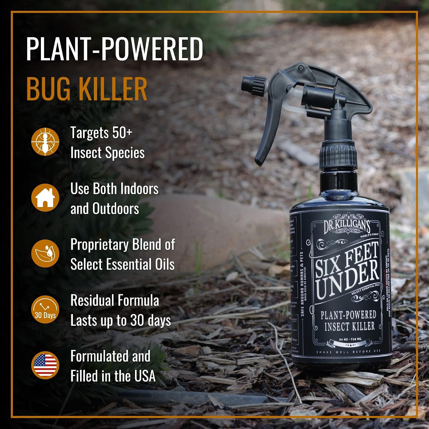 Dr. Killigan'S Six Feet Under Plant Powered Insect Killer Spray | Indoor Natural Pest Control | Fleas, Pantry & Clothing Moths, Ants, & Cockroaches | Family Friendly, Pet Safe (24 Oz)