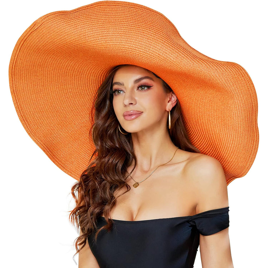 Oversized Beach Straw Hat for Women, Fashion Large Wide Brim Visor Hats Handmade Roll Up Floppy Sun Hat for Summer Beach Cap Orange