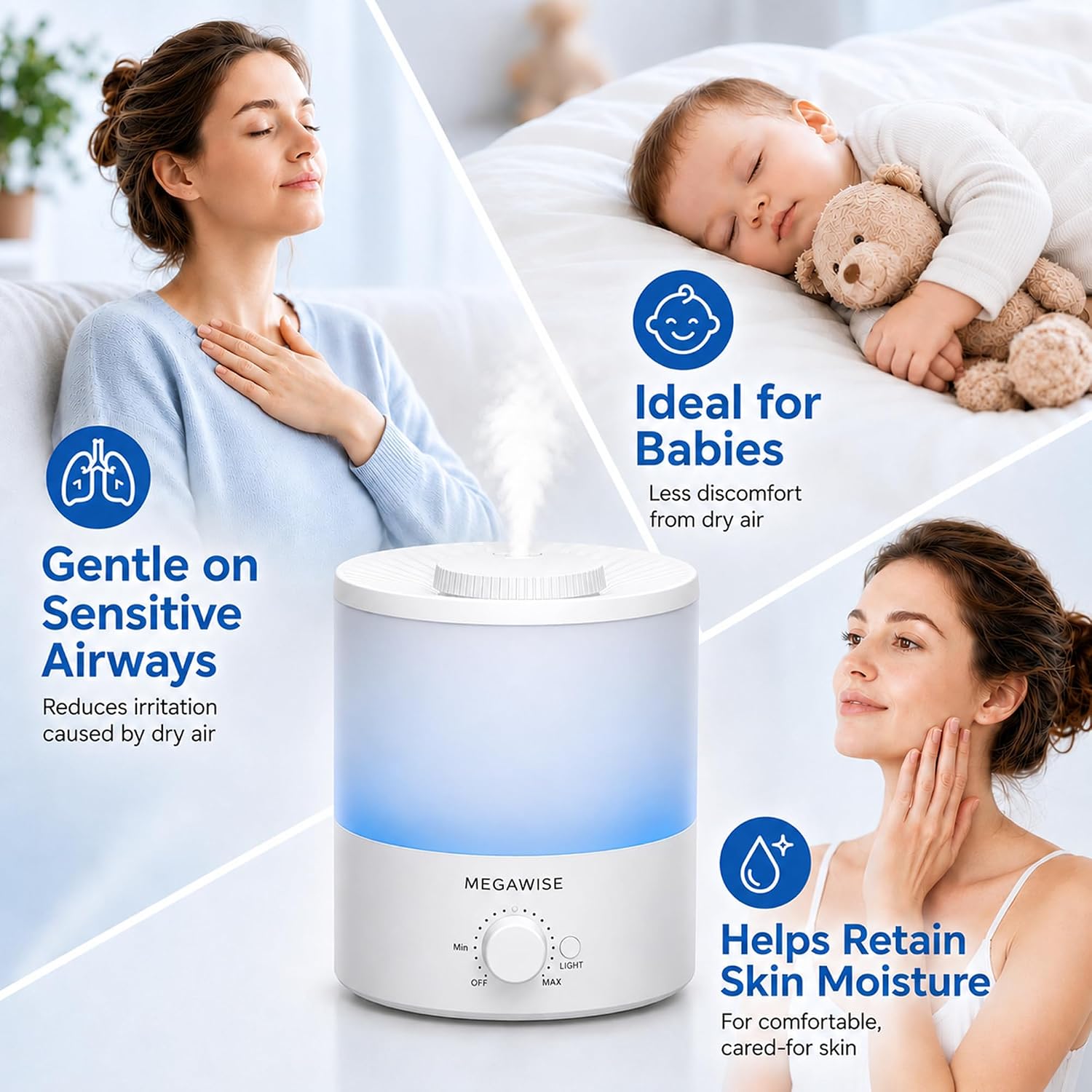 Megawise Ultrasonic Cool Mist Humidifier Sk7620 - 1.5L Capacity, Whisper-Quiet Operation, Adjustable Mist Output, Auto Shut-Off - Ideal For Home, Office, Baby Room, And Bedroom
