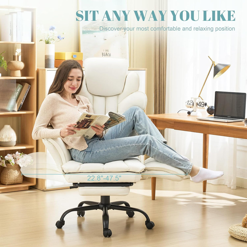 Flip Armrests Criss Cross Office Chair, Reclining Office Chair With Foot Rest, Adjustable Headrest, Massage Waist Pillow, Cross Legged Big And Tall Desk Chair Wide Seat Vanity Chair, White Pu Leather