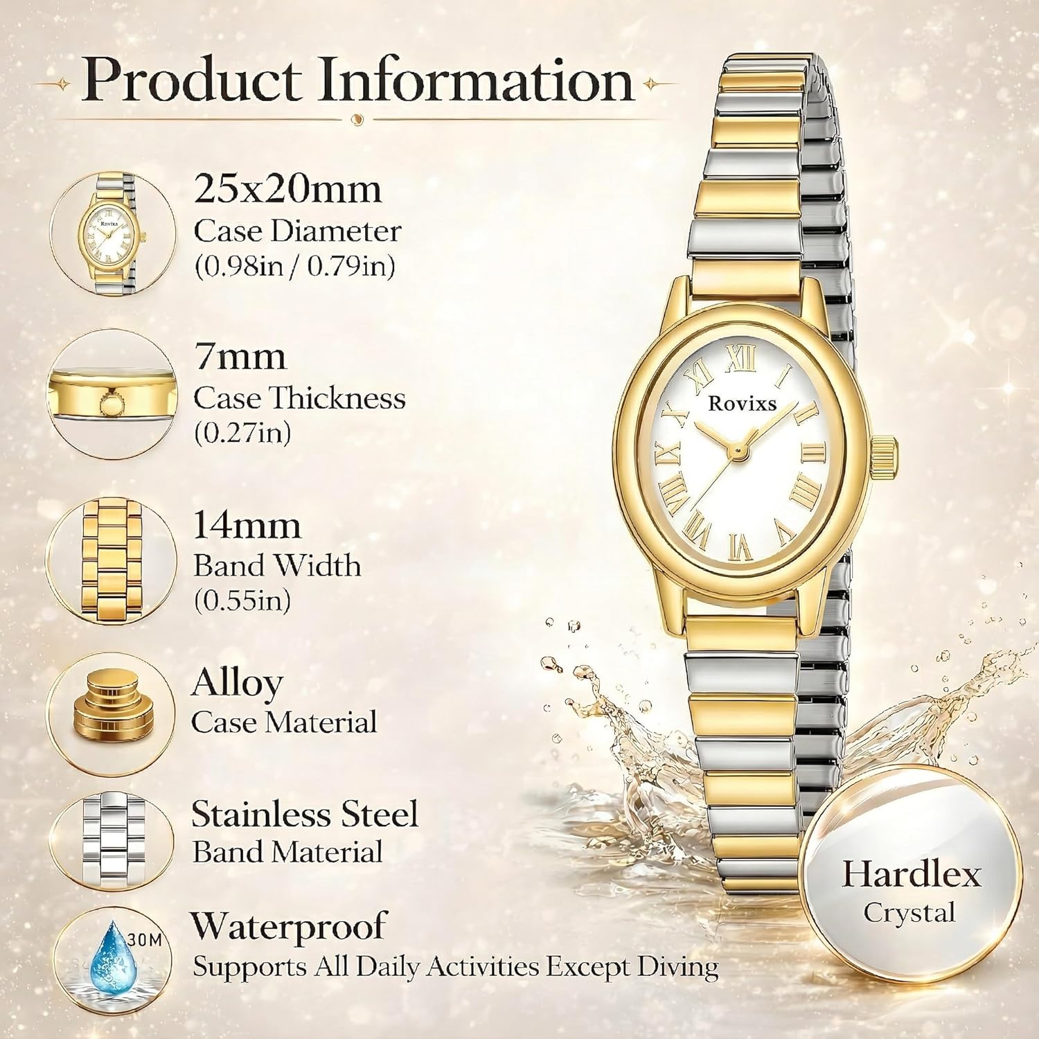 Small Gold Watches for Women - Vintage Oval Analog Quartz Watch with Stainless Steel Expansion Band, Dainty Easy Read Roman Numeral Dial, Waterproof Dress Wristwatch for Ladies Mom Gift