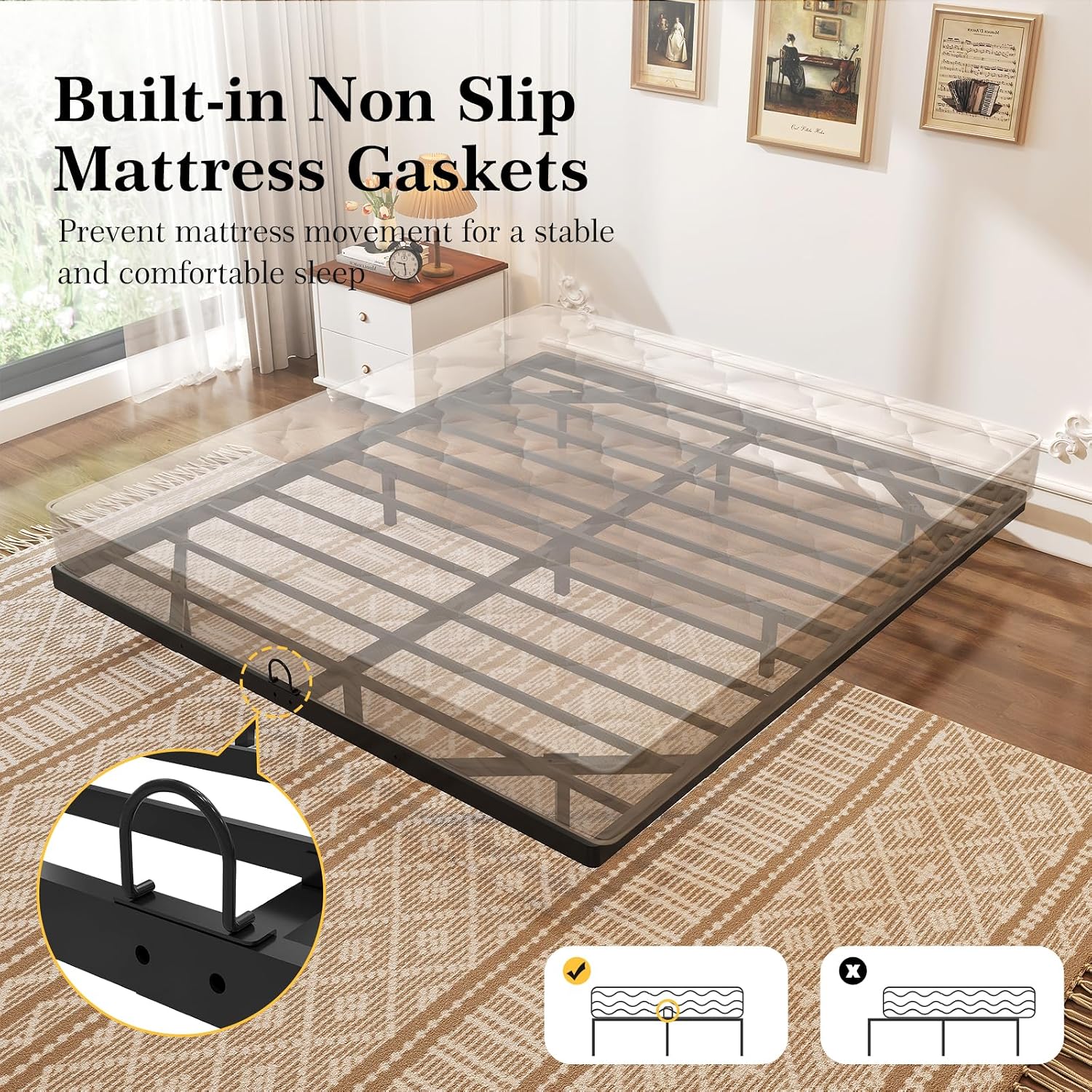 Floating Bed Frame Queen Size, Queen Bed Frame With Smart Led Lights, Heavy Duty Modern Metal Platform Bed No Box Spring Needed - Easy Assembly And Noise Free