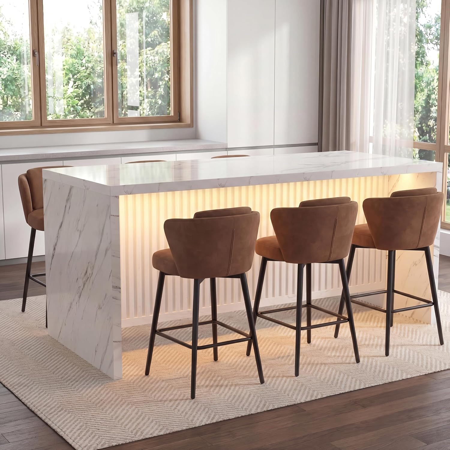 71’’ Large Faux Marble Dining Table For 6 People, 37.4’’H Tall Modern Kitchen Island With Led Lights, Rectangle Kitchen Dining Table For Home