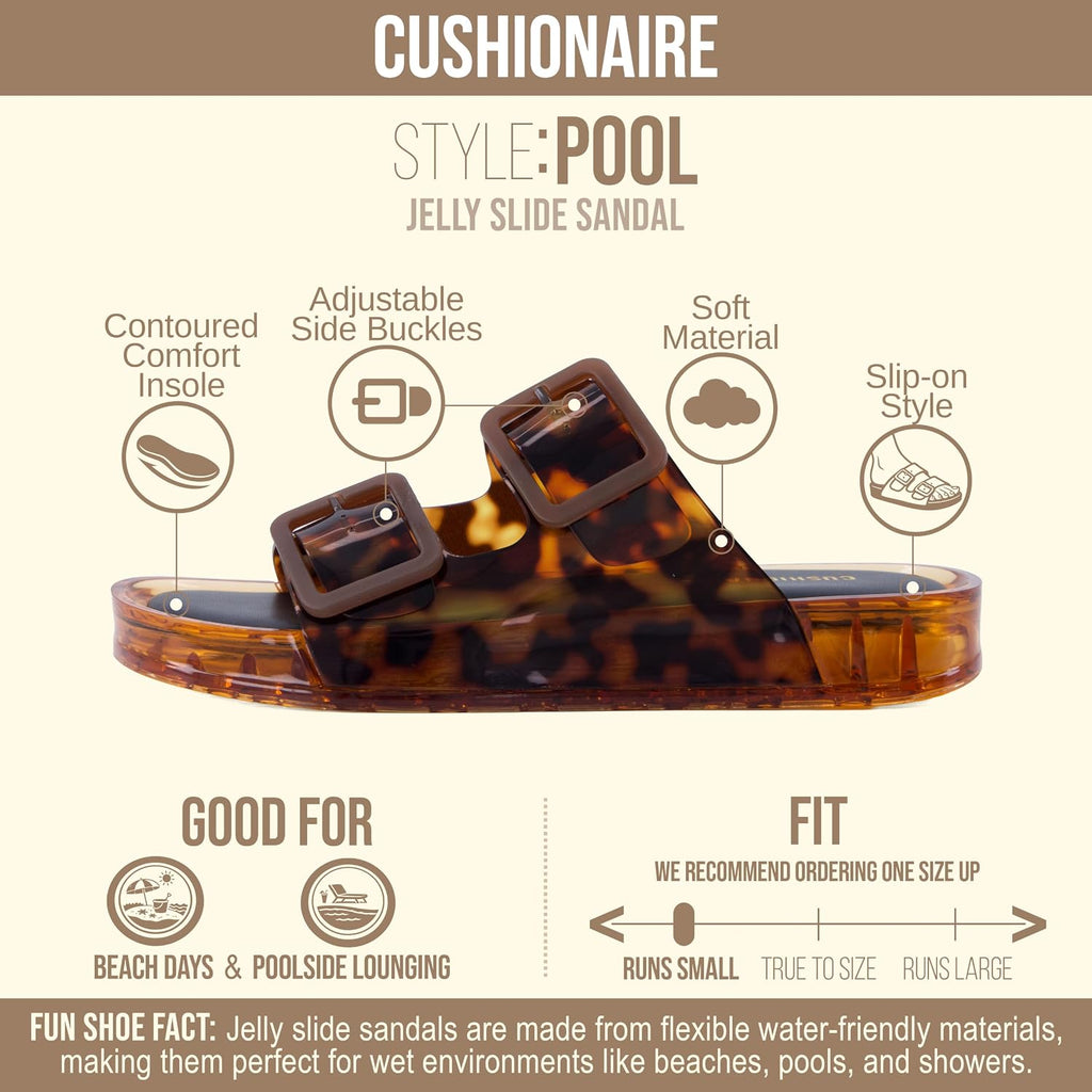 Cushionaire Pool Slides For Women Water Resistant Double Buckle Adjustable Slip-On Womens Sandals For Beach Shower Casual Wear