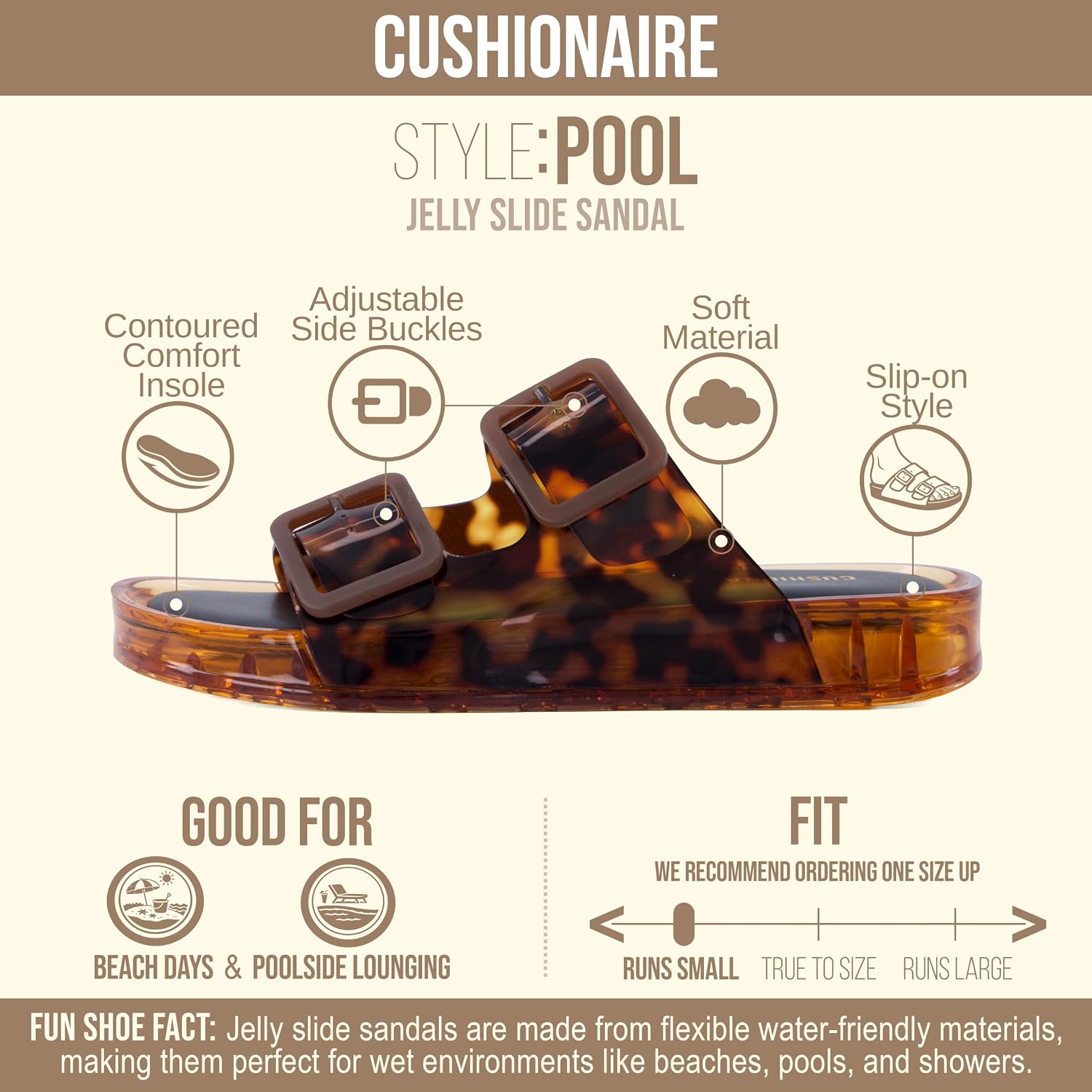 Cushionaire Pool Slides For Women Water Resistant Double Buckle Adjustable Slip-On Womens Sandals For Beach Shower Casual Wear