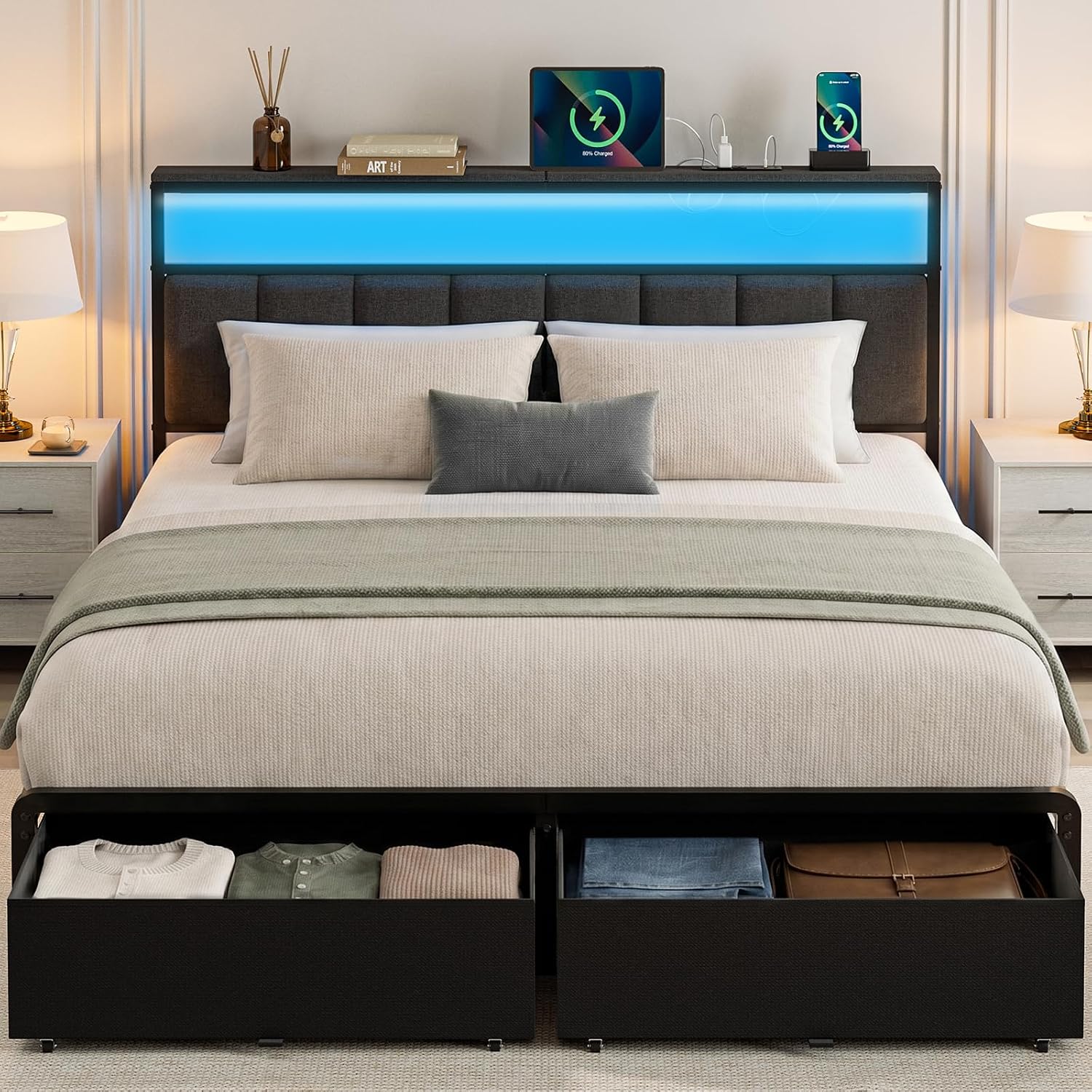 Queen Bed Frame With 2 Storage Drawers, Grey Upholstered