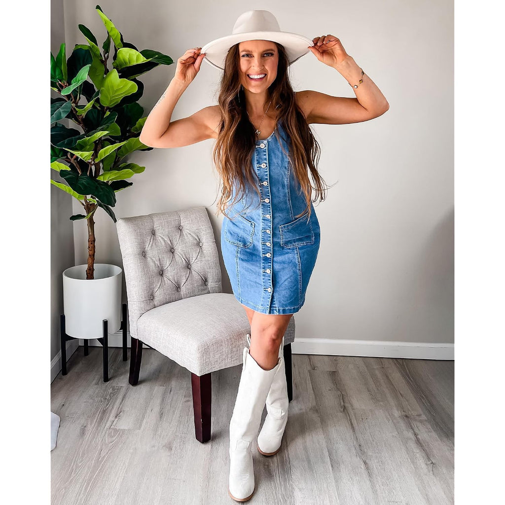 Luvamia Denim Dresses For Women Sleeveless Stretchy Jean Summer Casual Western Short Button Down Dress With Patch Pocket