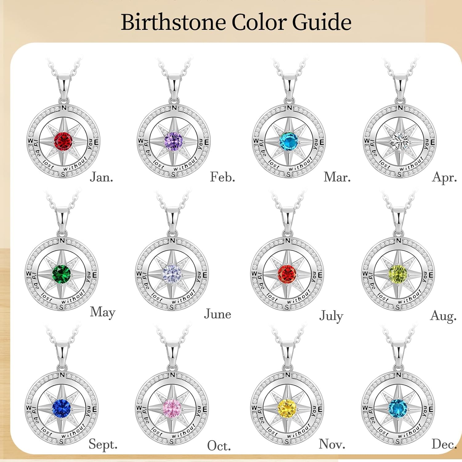 Peeshow Compass Birthstone Necklace for Women Wife, S925 Sterling Silver Gift for Wife Wedding Anniversary Birthday Gifts for Women Jewelry for Her Girlfriend I'd be Lost without You