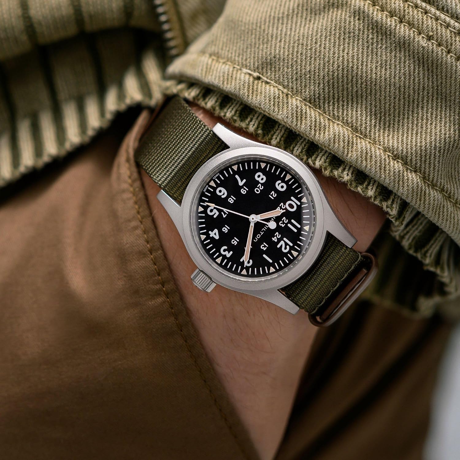 Hamilton Khaki Field Mechanical Men'S Watch, 38Mm Stainless Steel Case, Swiss Made, Black Dial Analog Wrist Watch For Men, 50M Waterproof, Sapphire Crystal, Textile Strap