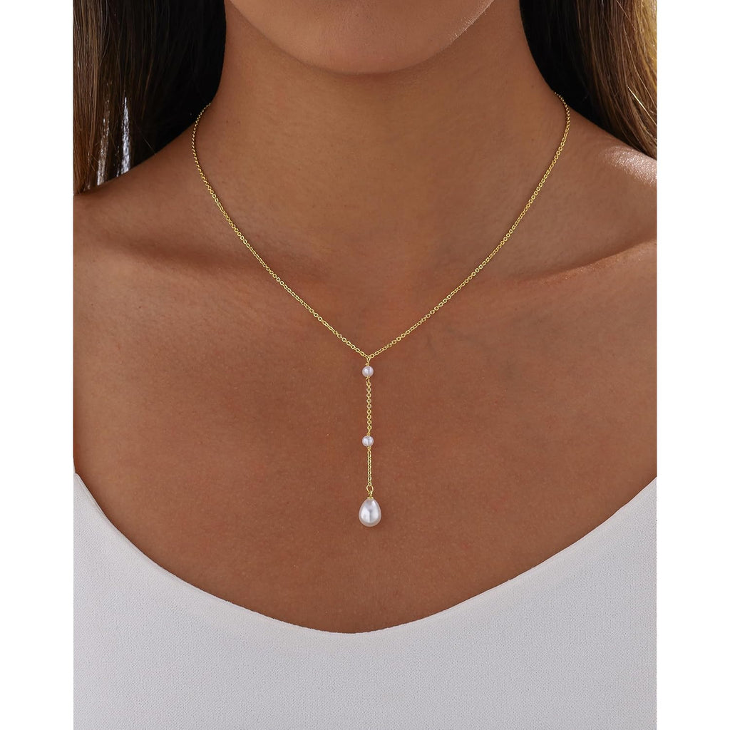 Pearl Necklaces for Women Trendy 14k Gold Plated Cubic Zirconia Pearl Pendant Necklace Valentines Day Wedding Birthday Mother's Day Gifts Dainty Gold Necklace for Women