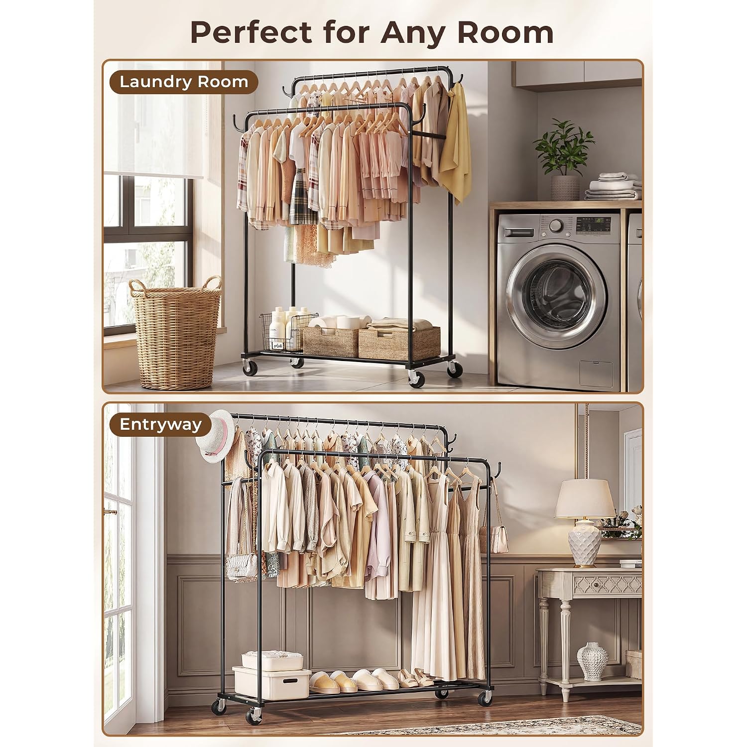 Clothes Rack, Rolling Clothing Rack With Double Rods For Hanging Clothes, Portable Garment Rack With Wheels, Metal Wardrobe Closet Organizer For Bedroom And Laundry Room