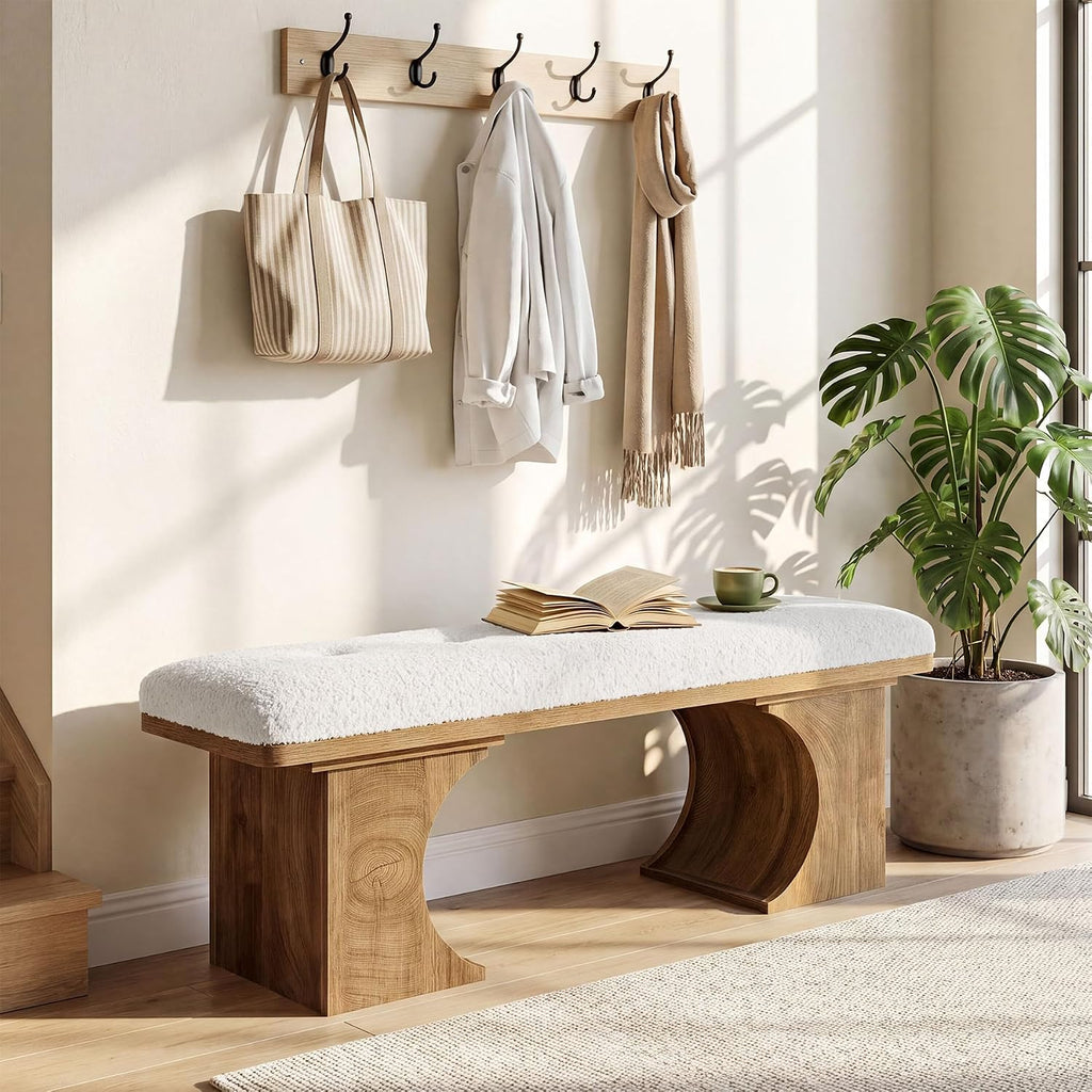 Tribesigns 47.24-Inch Upholstered Entryway Bench, Modern Rustic Shoe Bench With Soft Cushion And Curved Wooden Legs, End Of Bed Footrest For Bedroom, Foyer, Off-White And Brown