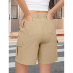 Bermuda Cargo Denim Shorts for Women Knee Length 6 Pockets Elastic Waist Long Jorts for Summer Casual