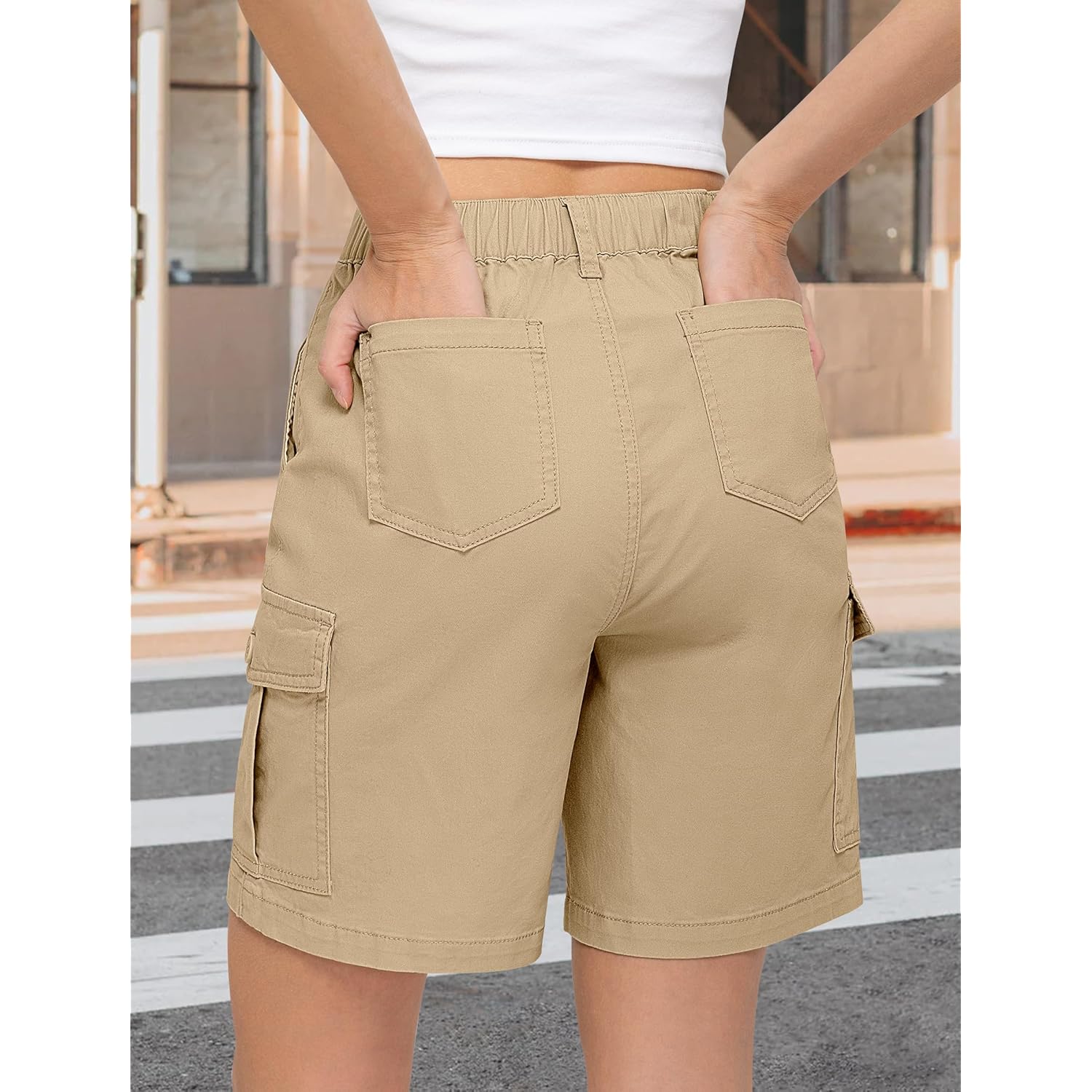 Bermuda Cargo Denim Shorts for Women Knee Length 6 Pockets Elastic Waist Long Jorts for Summer Casual