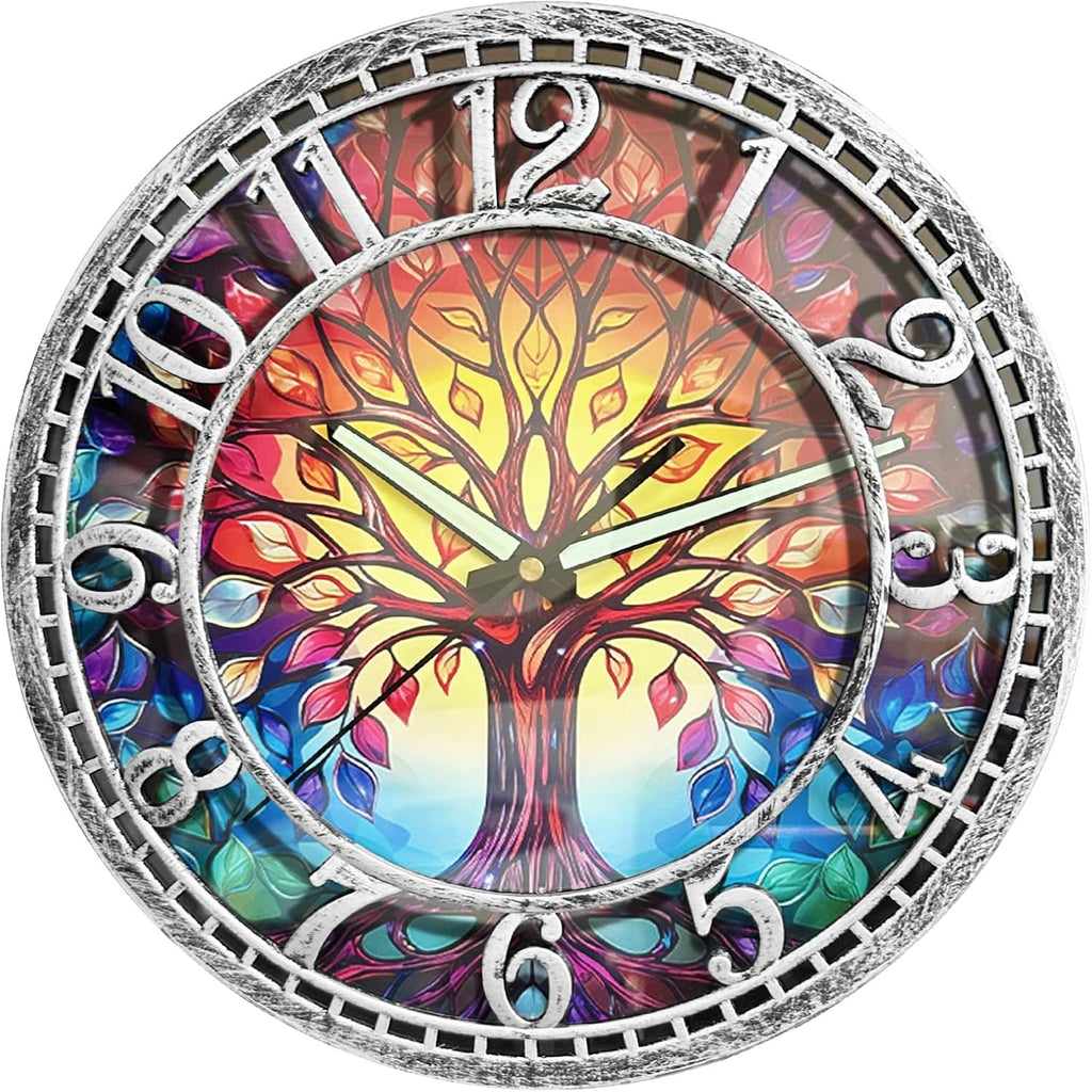 Wangiro 12" Round Tree Of Life Wall Clock Silent Non-Ticking Antique Silver | Plastic Frame,Precise Quartz Movement,Easy-Read Numerals,Easy To Hang,Ideal Gift For Living Room Bedroom Office Decor
