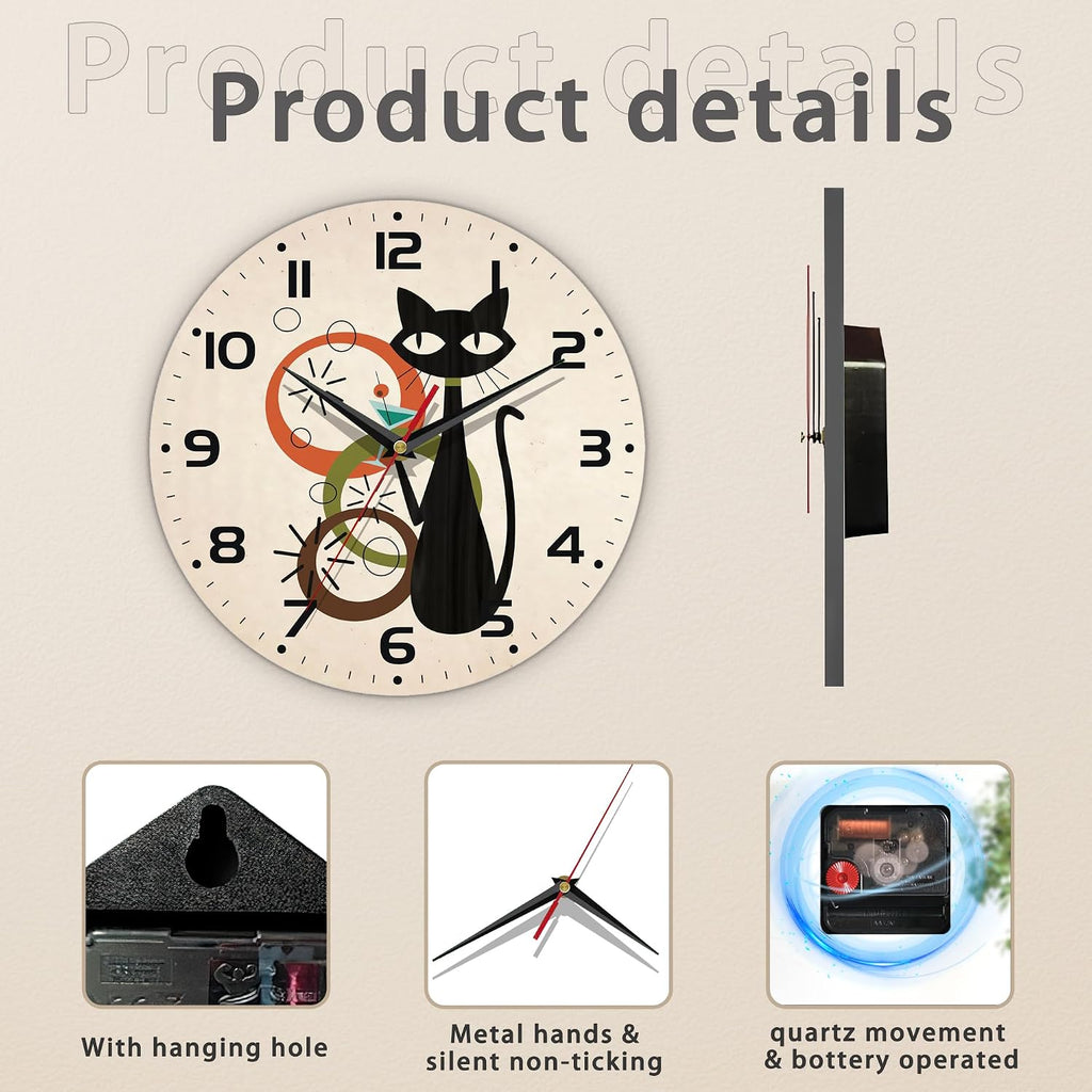 Wall Clock, Black Cat Wall Clocks Wooden Wall Clock Art Hanging Clocks Silent Non-Ticking Wall Clock Battery Operated Round Home Arabic Numeral Decorative Wall Clocks 10 Inch