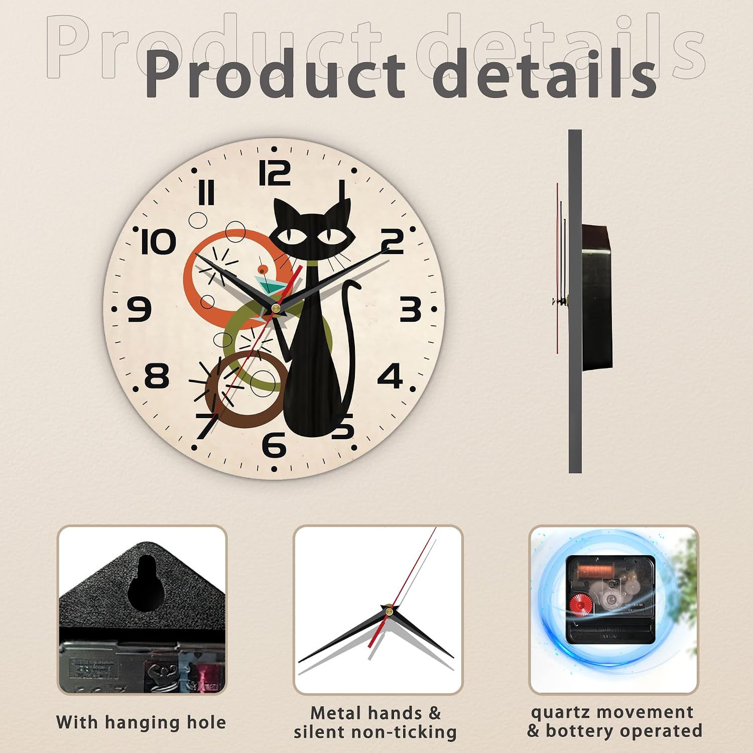 Wall Clock, Black Cat Wall Clocks Wooden Wall Clock Art Hanging Clocks Silent Non-Ticking Wall Clock Battery Operated Round Home Arabic Numeral Decorative Wall Clocks 10 Inch