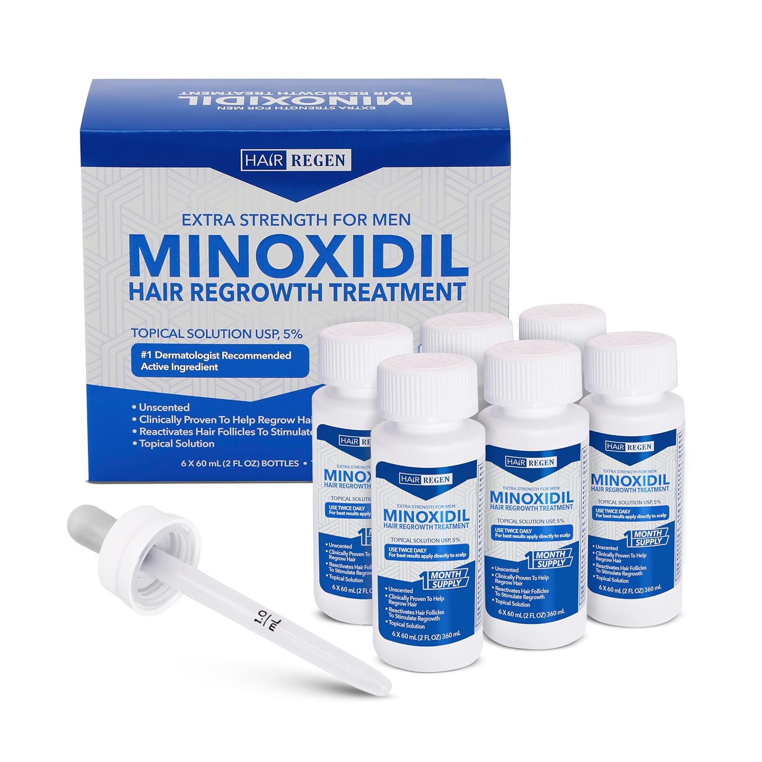 Hair Regen Liquid Minoxidil for Men 5% – Advanced Topical Solution for Regrowth – Growth Treatment for Men Hair Loss 6-Pack as 6-Month Supply Kit
