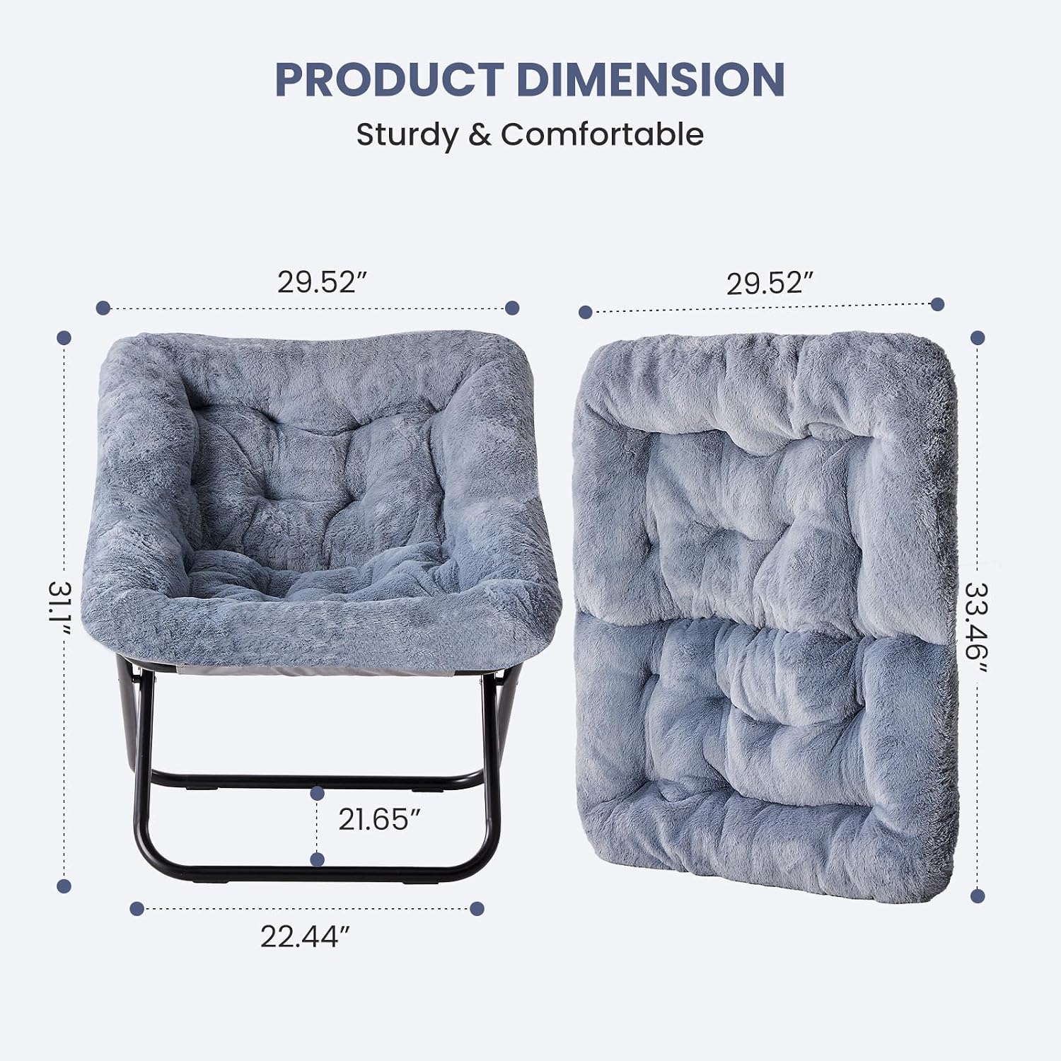 Simple Deluxe Oversized Square Moon Chair For Adults, Soft Faux Fur Folding Lounge Chair With Sturdy Steel Frame, Comfortable Reading Gaming Chair For Living Room, Bedroom, Grey