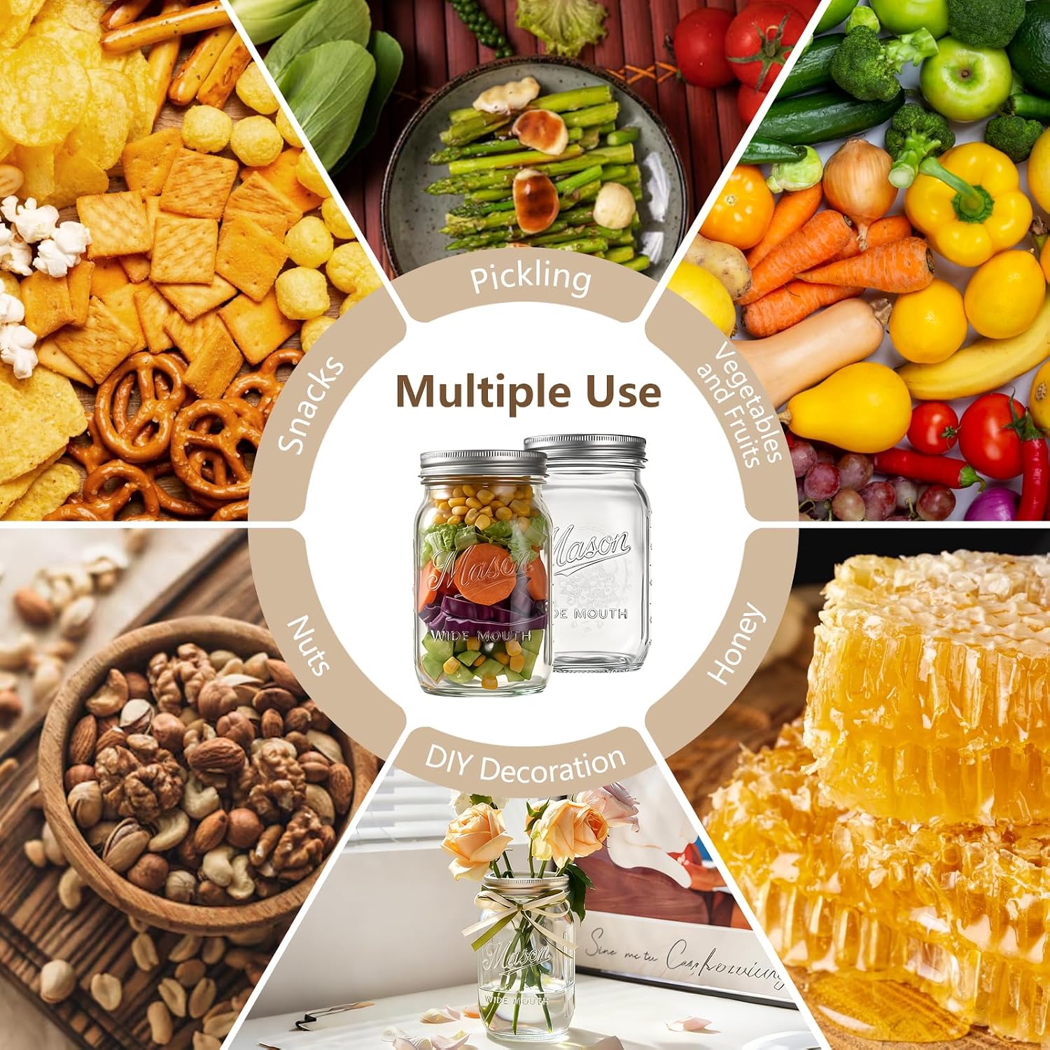 Mason Jars 32 Oz,6 Pack Large Wide Mouth Mason Jar With Airtight Lids And Bands|Quart Glass Canning Jars For Pickling, Fermenting And Food Storage Microwave&Dishwasher Safe