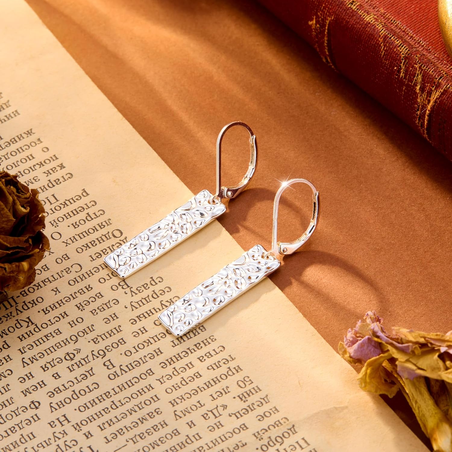 ALEXCRAFT 925 Sterling Silver Dangle Earrings for Women, 14K Gold Plated French Leverback Earrings, Hypoallergenic Lightweight Statement Hammer Square Bar Long Drop Earing for Women Trendy Jewelry