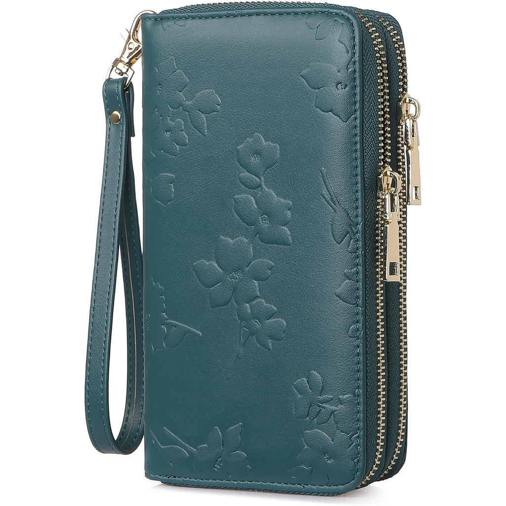 Womens Wallet Rfid Blocking Large Capacity Vegan Leather Double Zip Wristlet Wallet Card Holder Travel Ladies Clutch
