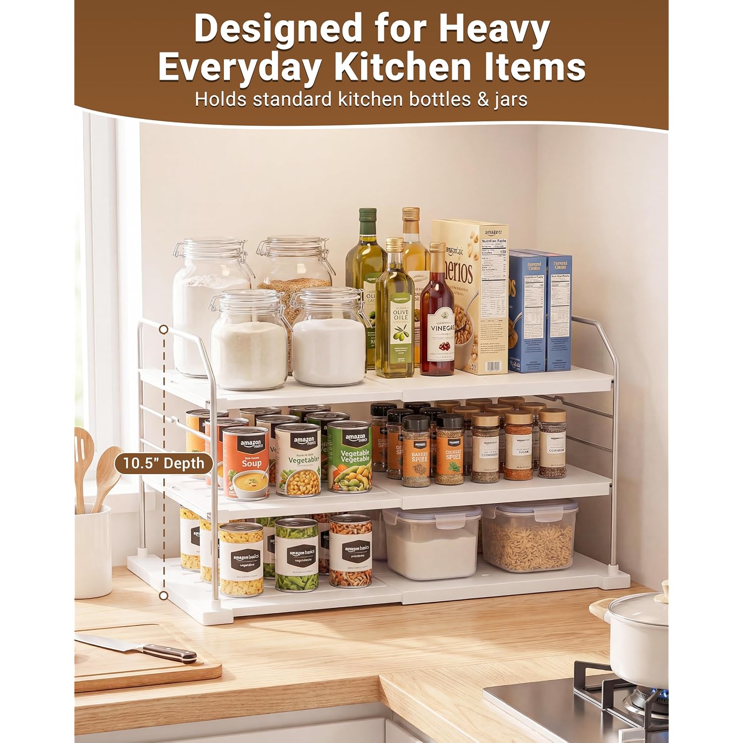 Everie Extendable 3-Tier Kitchen Cabinet & Pantry Organizer For Plastic Wrap, Foil & Storage Bags, Adjustable Heavy Duty Shelf Rack For Wrap Boxes, Jars & Snack Boxes (11–16.7 In Wide), Pack Of 1