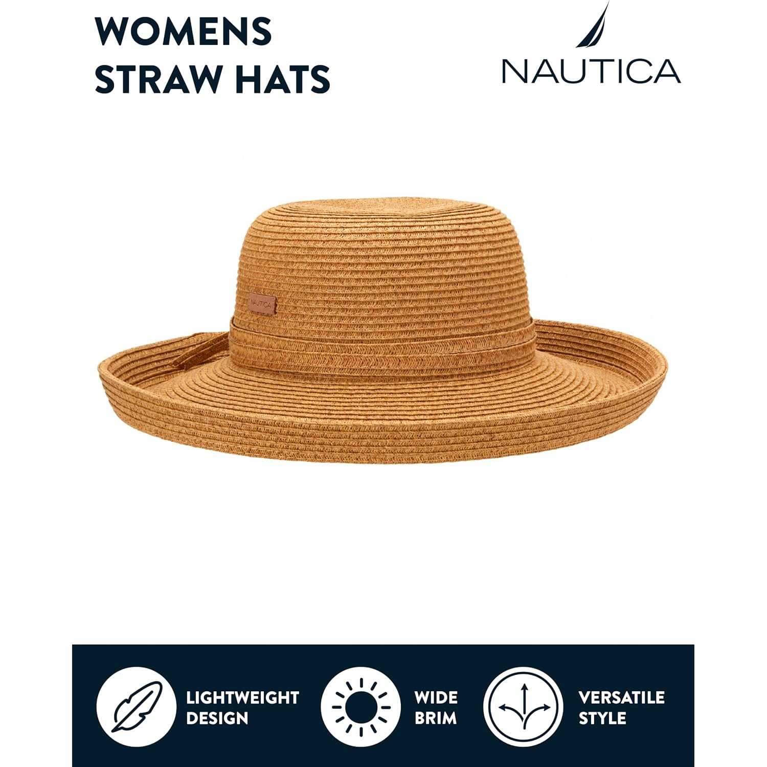 Nautica Womens Straw Hat - Short And Wide Brim Lightweight Sun Hats For Women - Sun Protection Hat For Beach & Travel