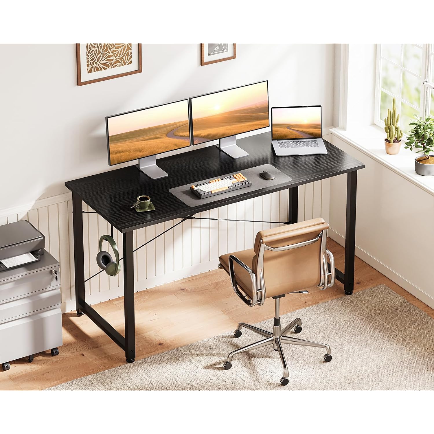 Casaottima 48 Inch Small Computer Desk For Home Office, Study Writing Table For Small Spaces, Simple Modern Desk With Headphone Hooks, Pure Black