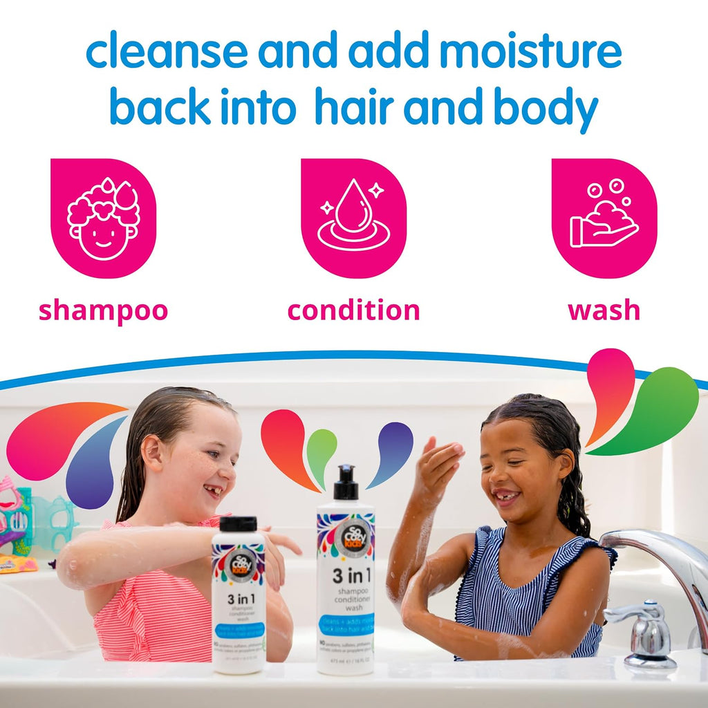 Socozy 3 In 1 Kids Shampoo + Conditioner + Body Wash (16 Fl Oz) Gentle, Hydrating Hair & Body Cleanser With Keratin, Vitamin B5, & Kiwi Extract, Paraben & Sulfate-Free