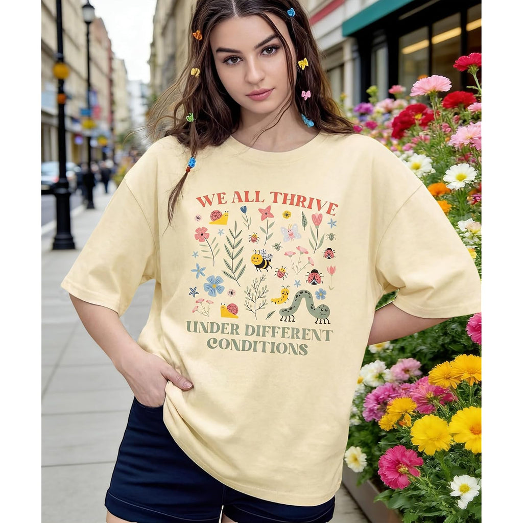 Women's Special Education Teacher Shirt Floral Mental Health Shirt Neurodiversity Tshirt Graphic Short Sleeve Top We All Thrive