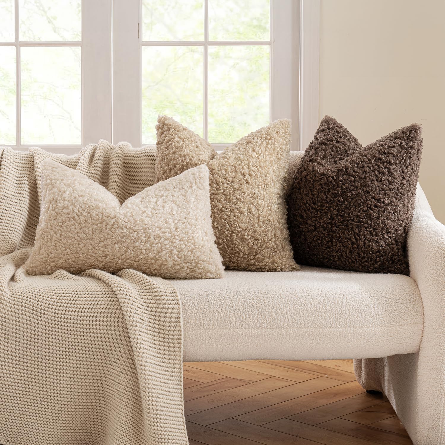 Miulee Faux Fur Decorative Sherpa Throw Pillow Covers 18X18 Inch Pack Of 2 | Neutral Light Beige Pillow Covers Fuzzy Accent Soft Sheepskin Fleece For Boho Home Decor Sofa Living Room Couch Bed
