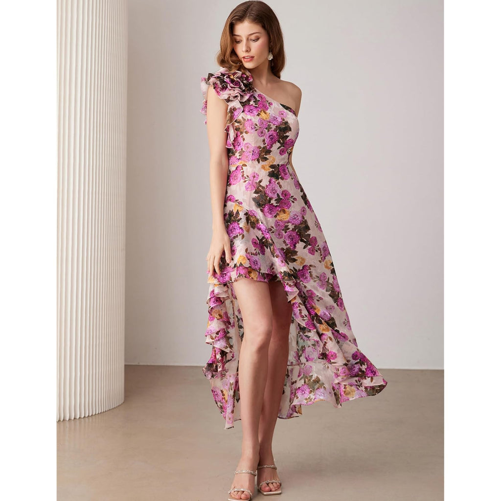 Grace Karin Womens Summer One Shoulder Sleeveless Dresses Floral Flowy Ruffle High Low Wedding Guest Maxi Sundresses