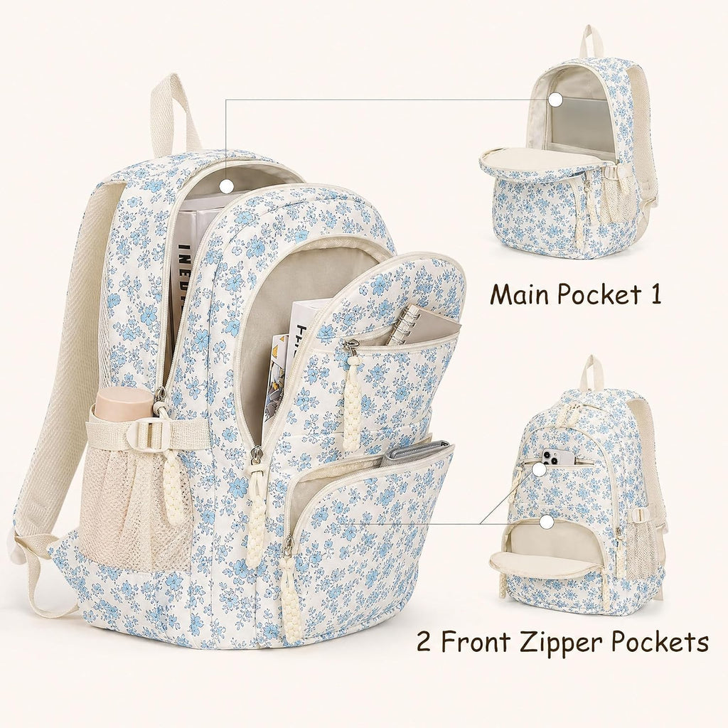 Floral Backpack 3Pcs Set For Women Quilted Backpack Coquette Pleasing Kawaii Rucksack Cute Preppy Daypack (Blue)