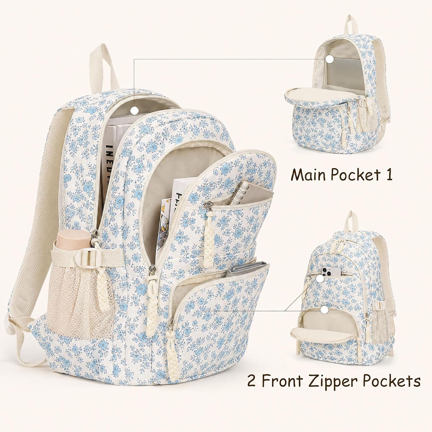 Floral Backpack 3Pcs Set For Women Quilted Backpack Coquette Pleasing Kawaii Rucksack Cute Preppy Daypack (Blue)