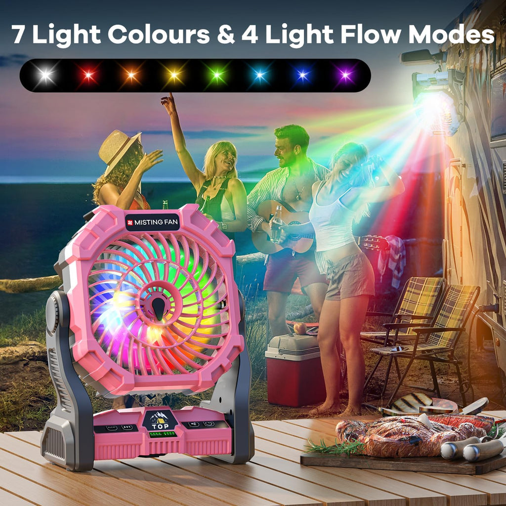 Misting Fan Portable With Rgb Lantern, 30000 Mah Rechargeable Camping Mist Fan With Emergency Battery Power Bank Hurricane Supplies, Perfect Cooling Mister For Outdoor Travel