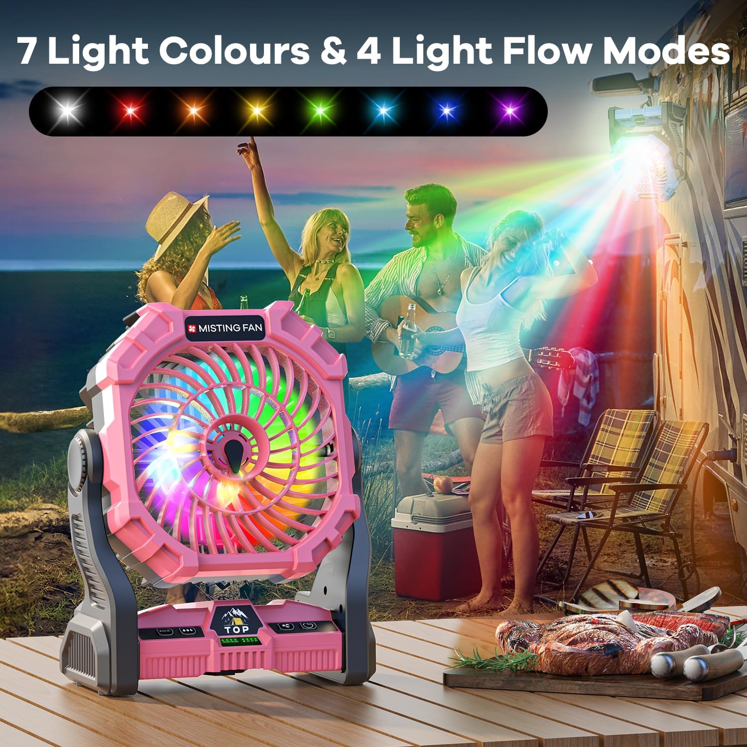 Misting Fan Portable With Rgb Lantern, 30000 Mah Rechargeable Camping Mist Fan With Emergency Battery Power Bank Hurricane Supplies, Perfect Cooling Mister For Outdoor Travel