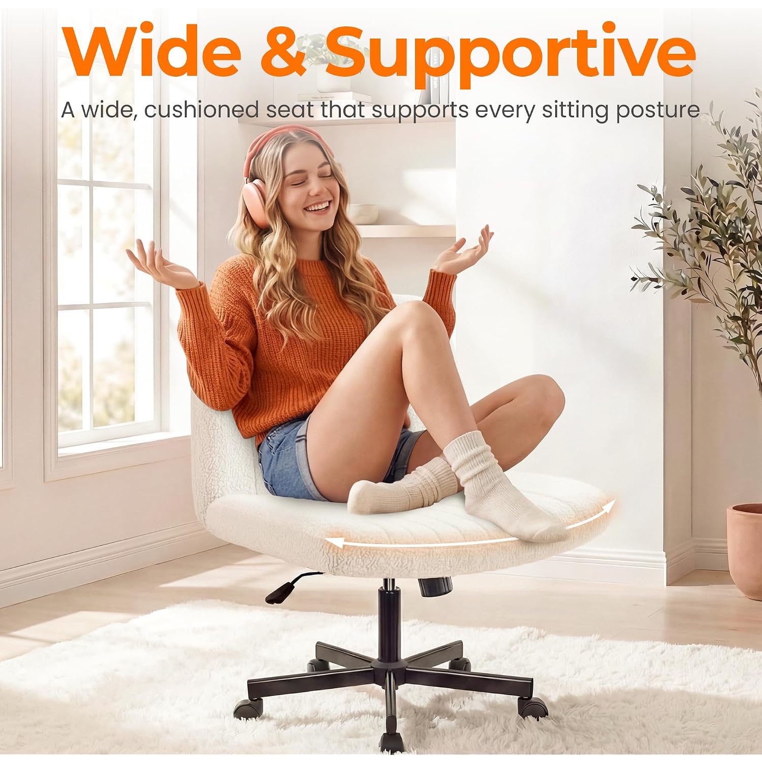 Neo Chair Criss Cross Chair With Wheels Home Office Cross Legged Armless Chairs Adjustable Computer Desk Wide Seat For Bedroom Vanity Comfy Swivel (Teddy White)