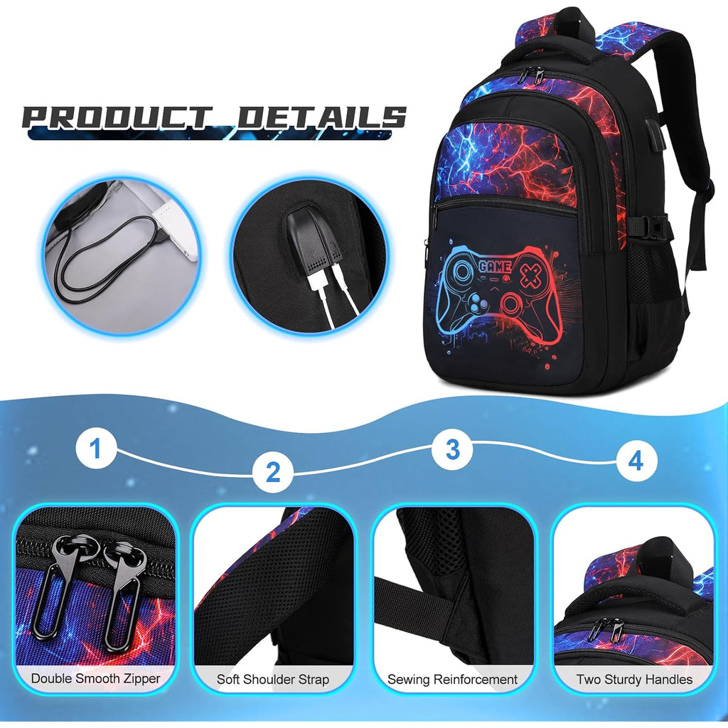 Boys Backpack For School, 3Pcs Cool Luminous Gamer Backpack For Boys With Lunch Box Pencil Case, Kids Backpacks Bookbag For Teen Boy Elementary Middle High School With Usb Charging Port