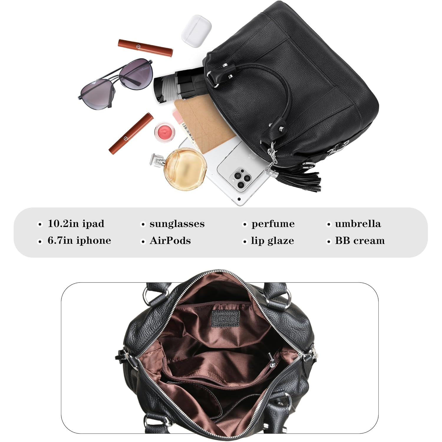 HESHE Womens Genuine Leather Purse Satchel Tote Bags Ladies Real Leather Bags Crossbody Handbags