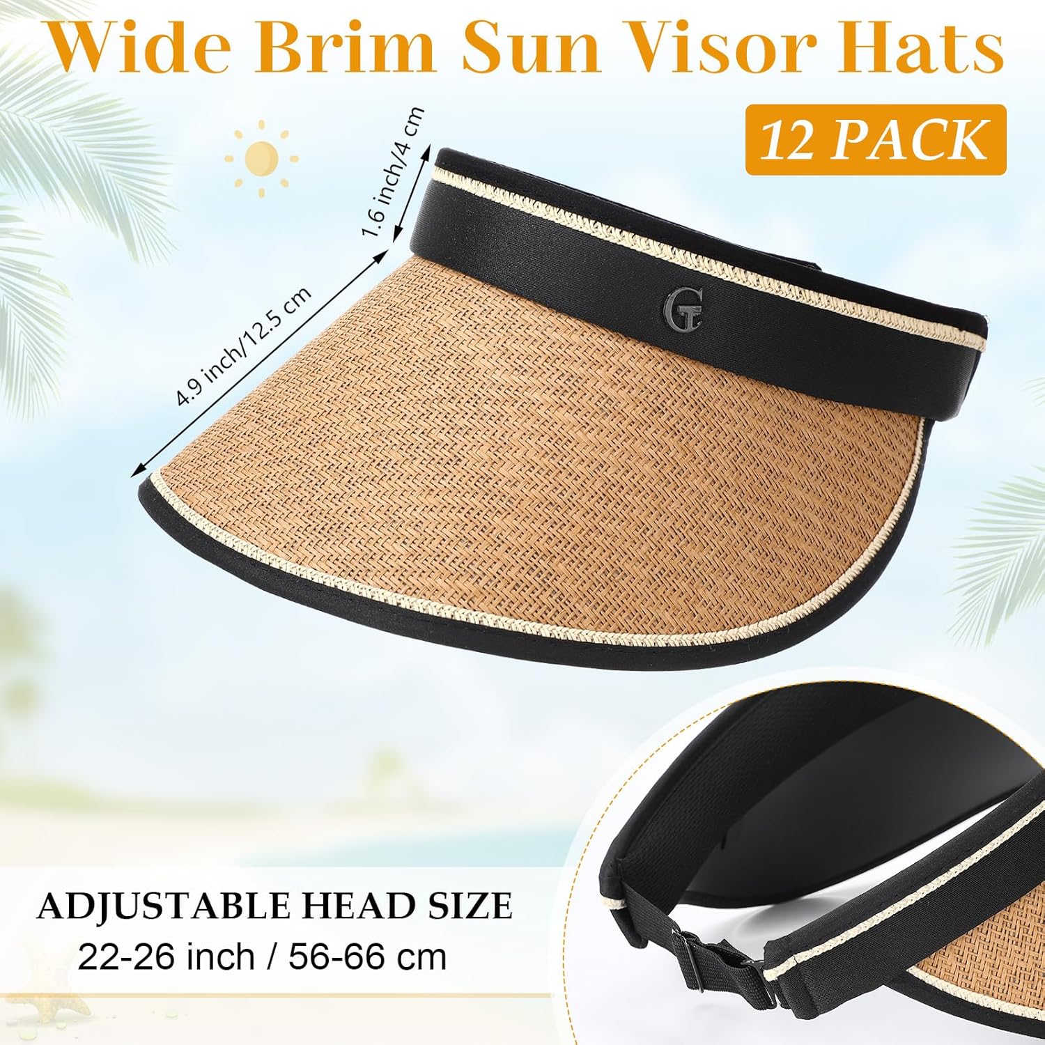 12 Pack Wide Brim Sun Visor Hats for Women UPF 50+ Foldable Straw Beach Hat UV Protection for Travel, Vacation