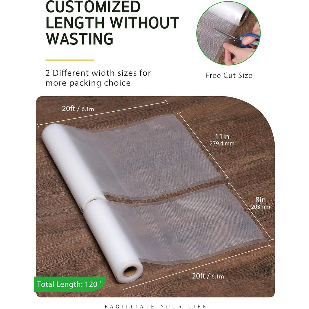 Syntus Vacuum Sealer Bags, 6 Pack 3 Rolls 11" x 20' and 3 Rolls 8" x 20' Commercial Grade BPA Free Bag Rolls, Food Vac Bags for Storage, Meal Prep or Sous Vide