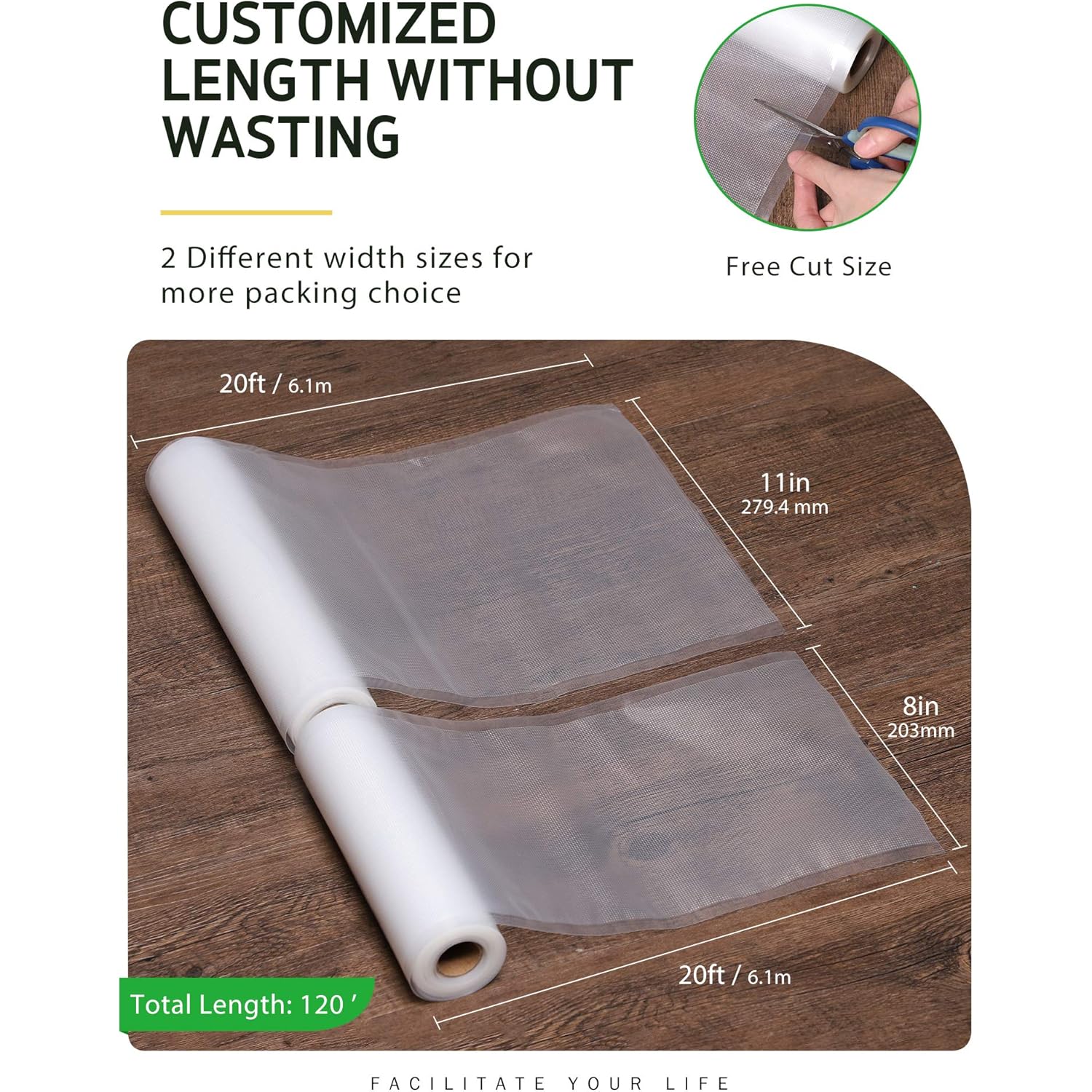 Syntus Vacuum Sealer Bags, 6 Pack 3 Rolls 11" x 20' and 3 Rolls 8" x 20' Commercial Grade BPA Free Bag Rolls, Food Vac Bags for Storage, Meal Prep or Sous Vide