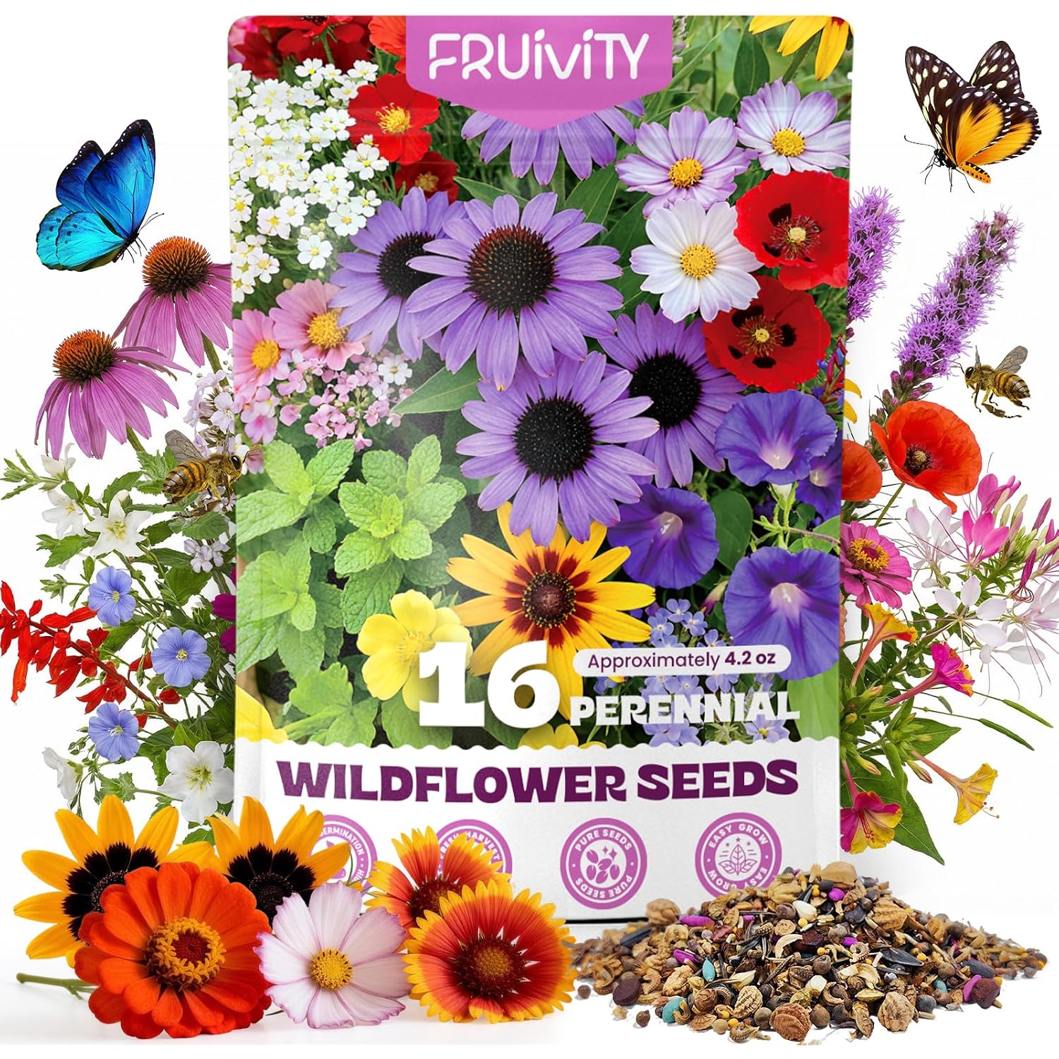 200,000+ Wildflower Seeds Bulk (4Oz) – 16 Varieties Perennial & Annual Mix, Attract Bees, Butterflies & Hummingbirds, High Germination For Outdoor Pollinator Garden, Unique Gift For Mother, Women, Mom
