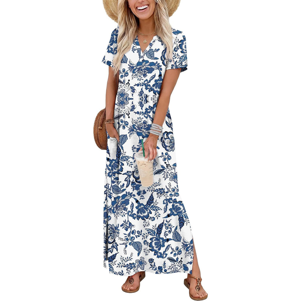 Ofeefan Summer Dresses For Women 2026 Maxi Dress Short Sleeve Sundresses With Pockets Beach Vacation Spring Outfits