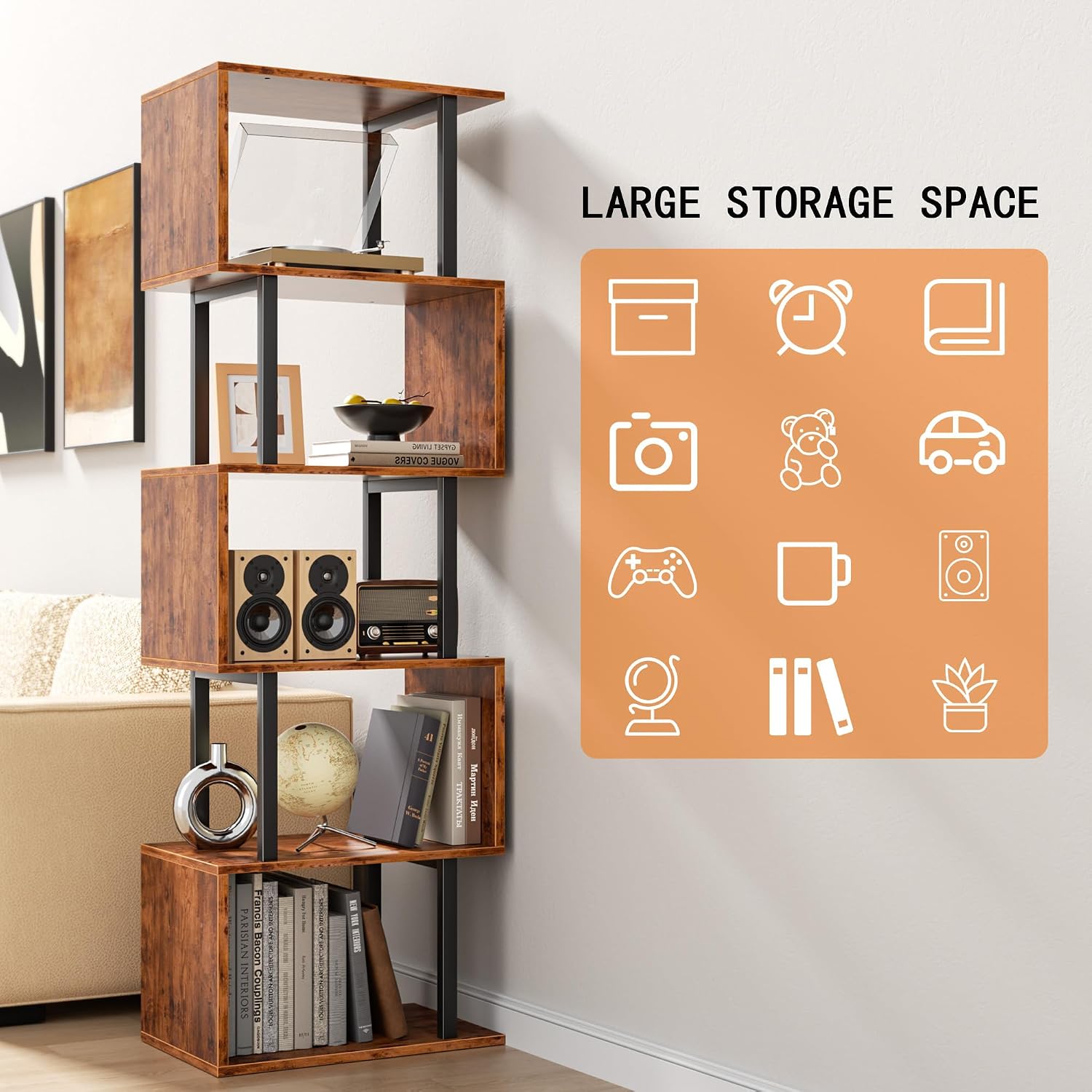 Furologee 6 Tier Bookshelf, Tall S Shaped Geometric Bookcase, Modern Display Shelf Standing Unit, Wood Metal Decorative Divider Rack For Living Room Bedroom Office, Rustic Brown