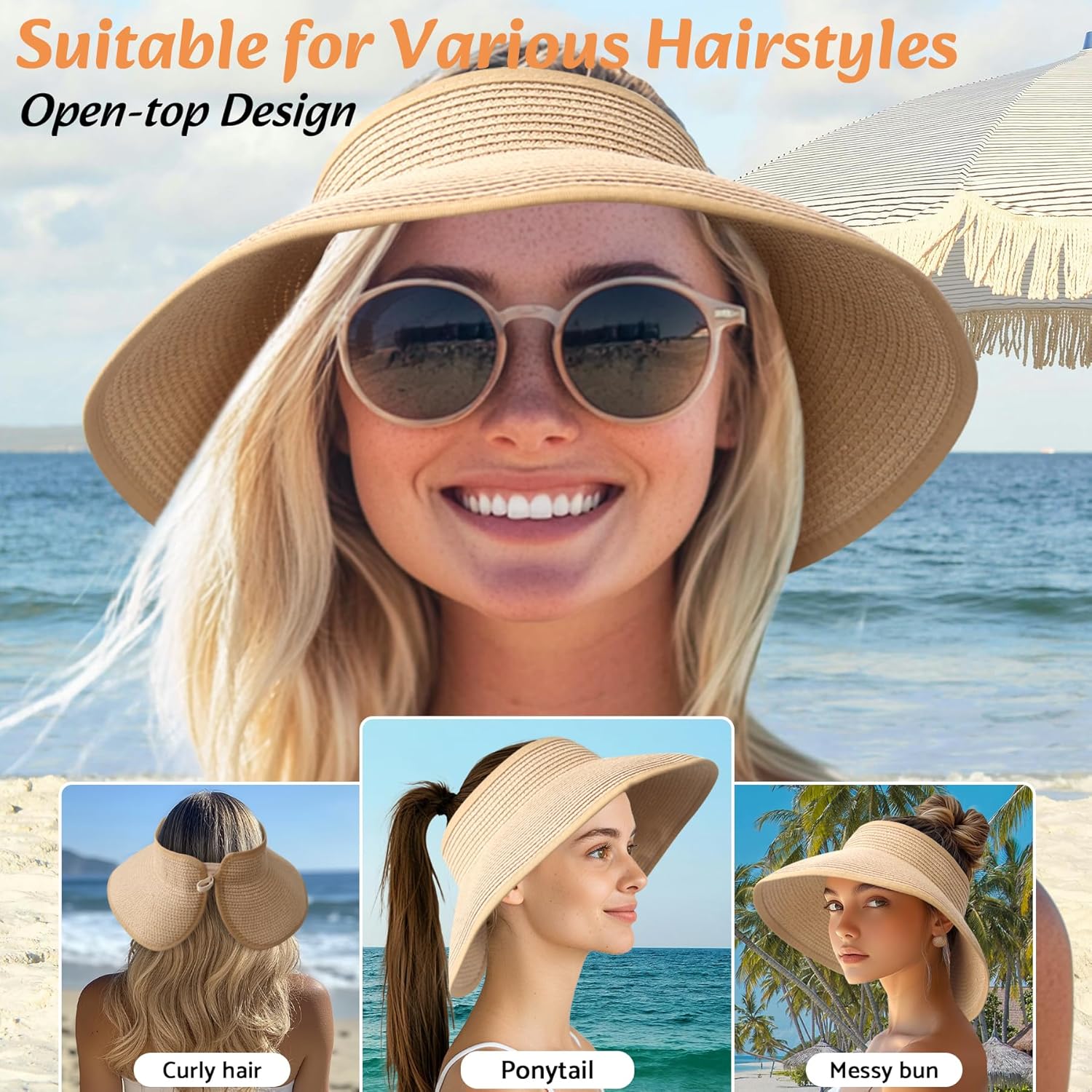 NPQQUAN Sun Visor Hats for Women Wide Brim Ponytail Straw Beach Hat Packable Foldable UPF 50+ Floppy Travel Hats