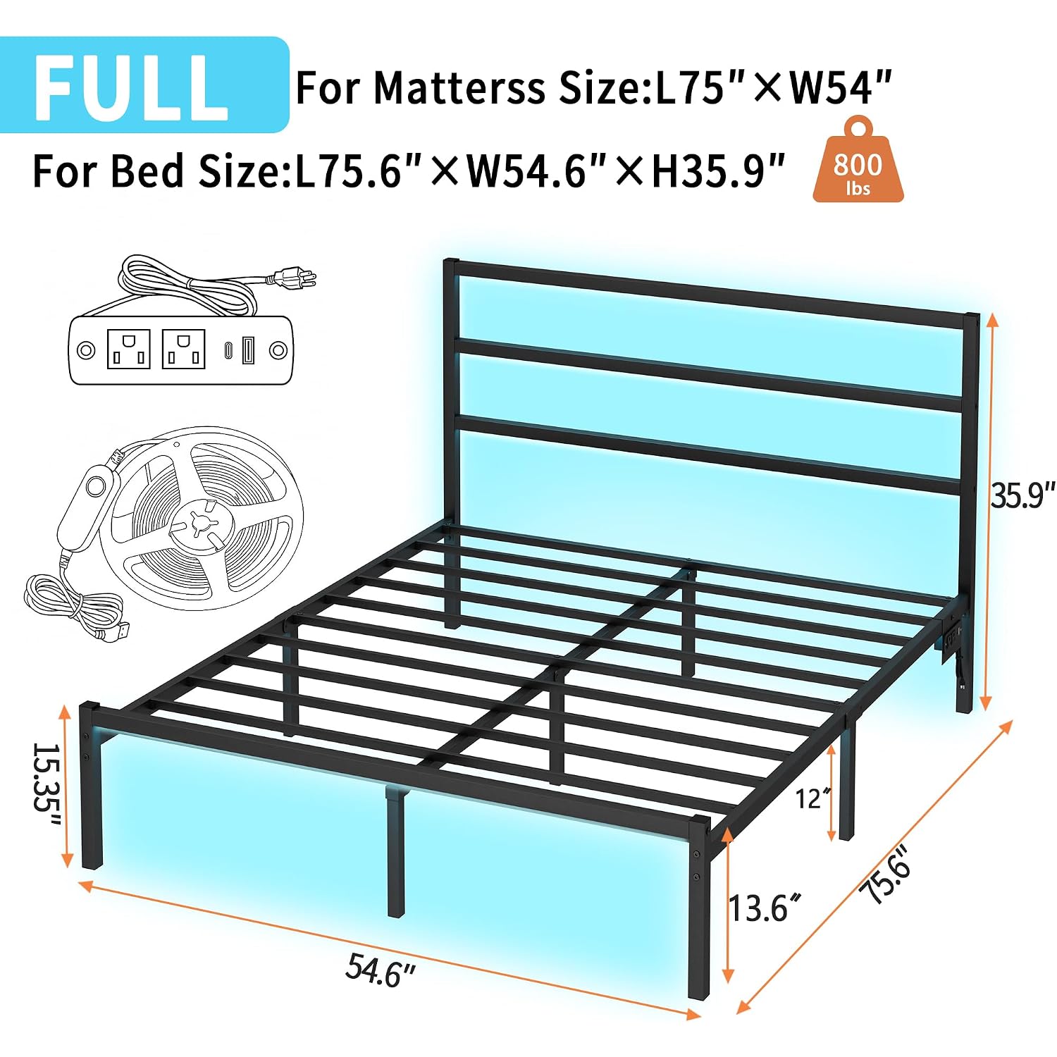 Clibfeng Full Size Bed Frame With Headboard,Heavy Duty Steel Slats Support-Led Bed Frame With Usb Charging Station,Mattress Foundation-Under Bed Storage,No Box Spring Needed,Noise Free，Black