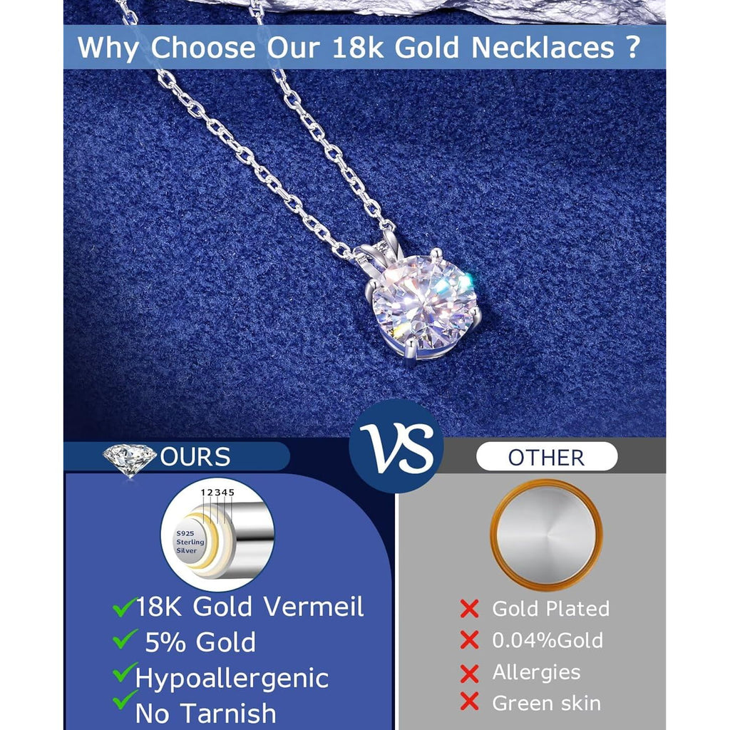 TUHE Moissanite Necklace 0.1-12 Carats 18K Gold Vermeil 925 Sterling Silver Necklace 3-15MM Solitaire D Color VVS1 Round Lab Created Moissanite Pendant Dainty Gold Necklaces for Women Jewelry Gifts
