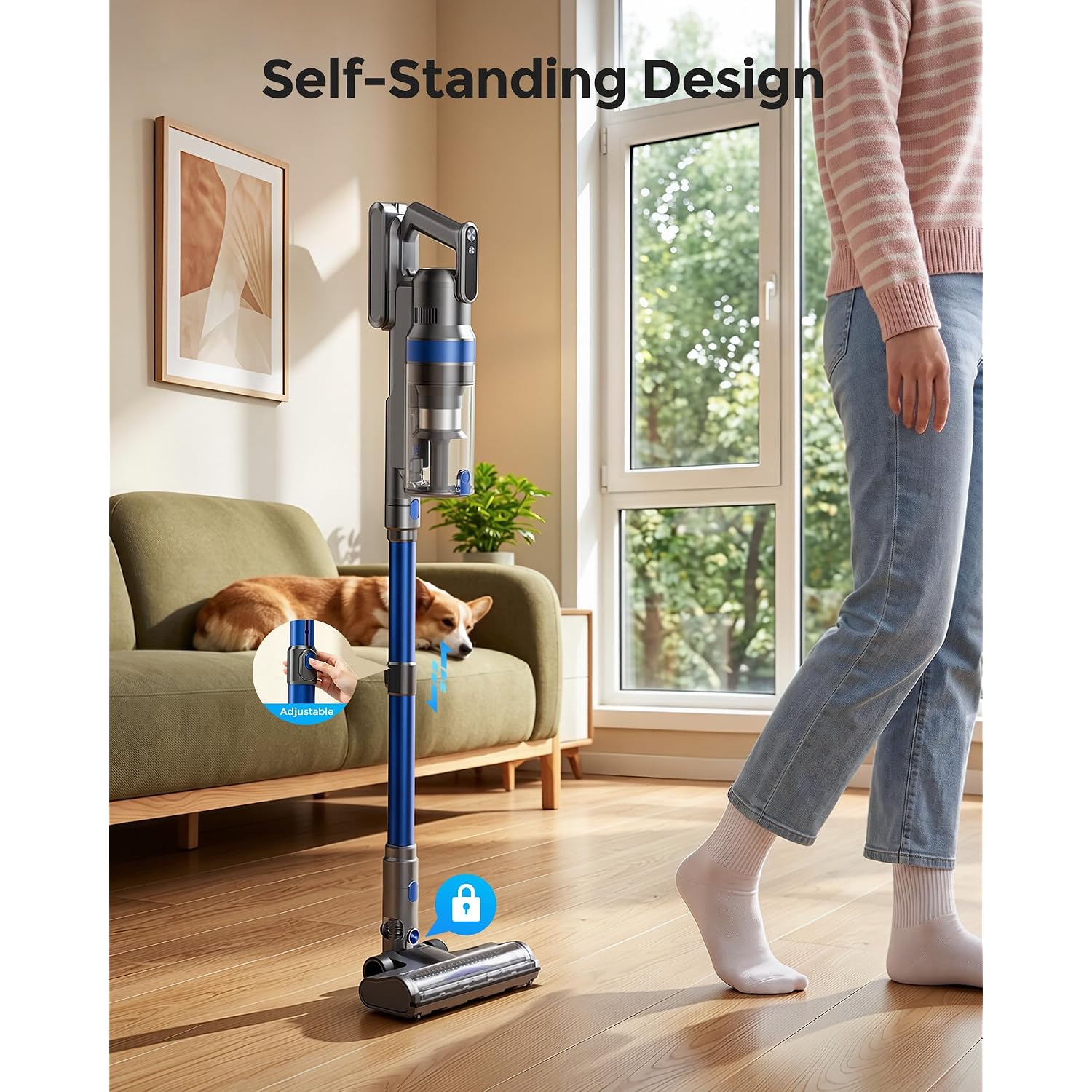 Cordless Vacuum Cleaner, 50Kpa 60Mins Self-Standing Stick Vacuum Cordless With Anti-Tangle Brush,Touch Screen,Lightweight & Portable,Vacuum Cleaners For Home,Pet Hair,Carpet, Hard Floor Blue